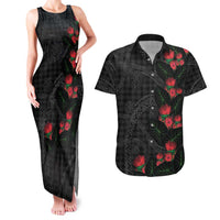 Hawaiian Kakau Art Couples Matching Tank Maxi Dress and Hawaiian Shirt Taro Leaves with Ohia Lehua and Pakala Pattern LT03 Black - Polynesian Pride