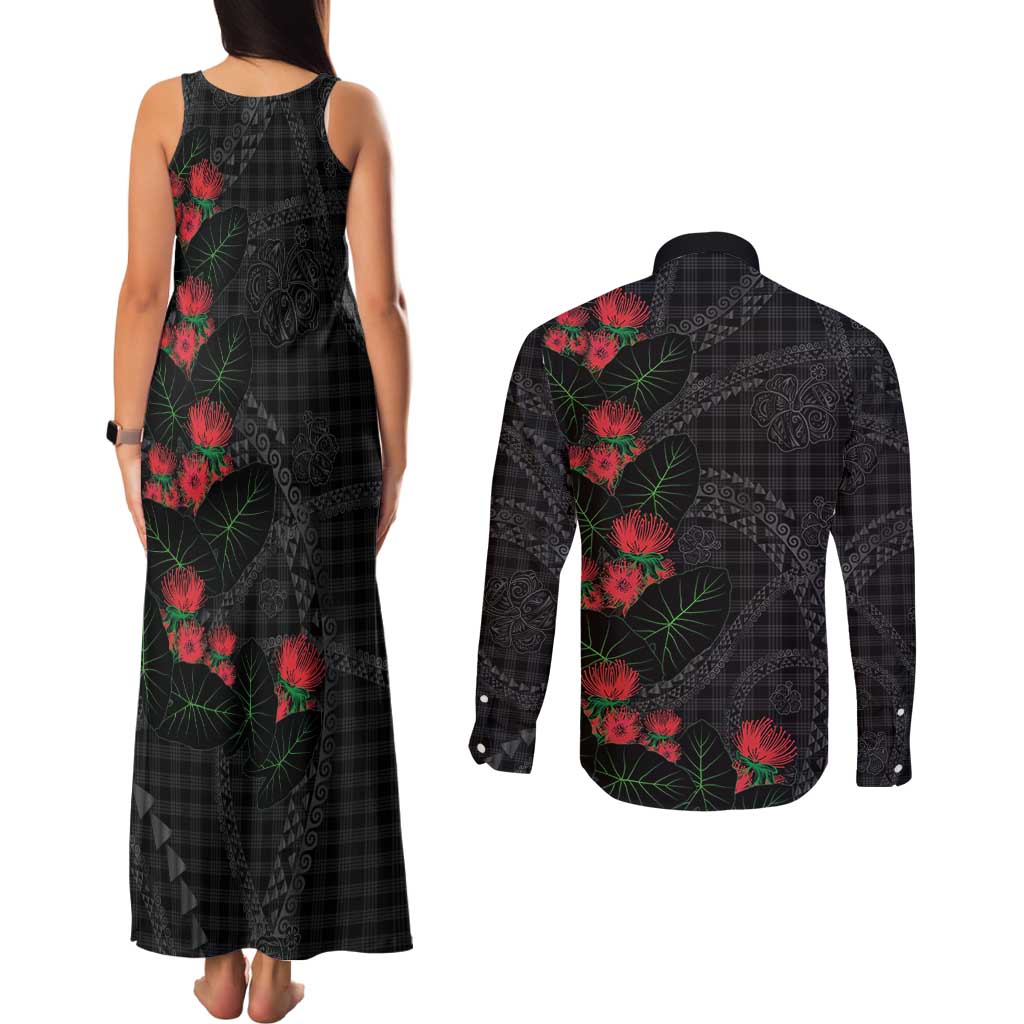 Hawaiian Kakau Art Couples Matching Tank Maxi Dress and Long Sleeve Button Shirt Taro Leaves with Ohia Lehua and Pakala Pattern LT03 - Polynesian Pride