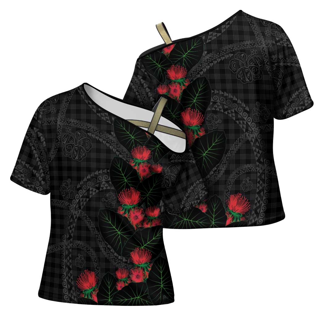 Hawaiian Kakau Art Cross Shoulder Shirt Taro Leaves with Ohia Lehua and Pakala Pattern - Polynesian Pride