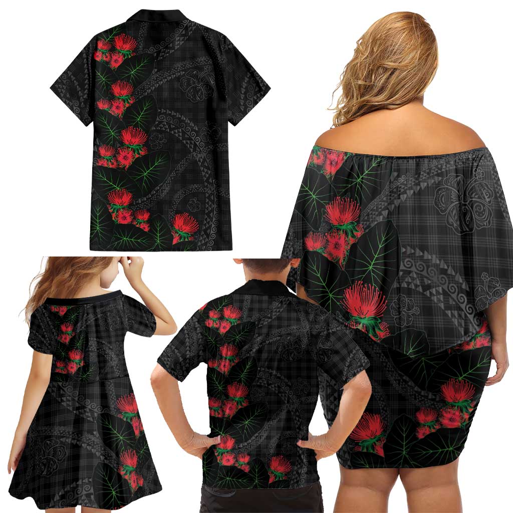 Hawaiian Kakau Art Family Matching Off Shoulder Short Dress and Hawaiian Shirt Taro Leaves with Ohia Lehua and Pakala Pattern LT03 - Polynesian Pride