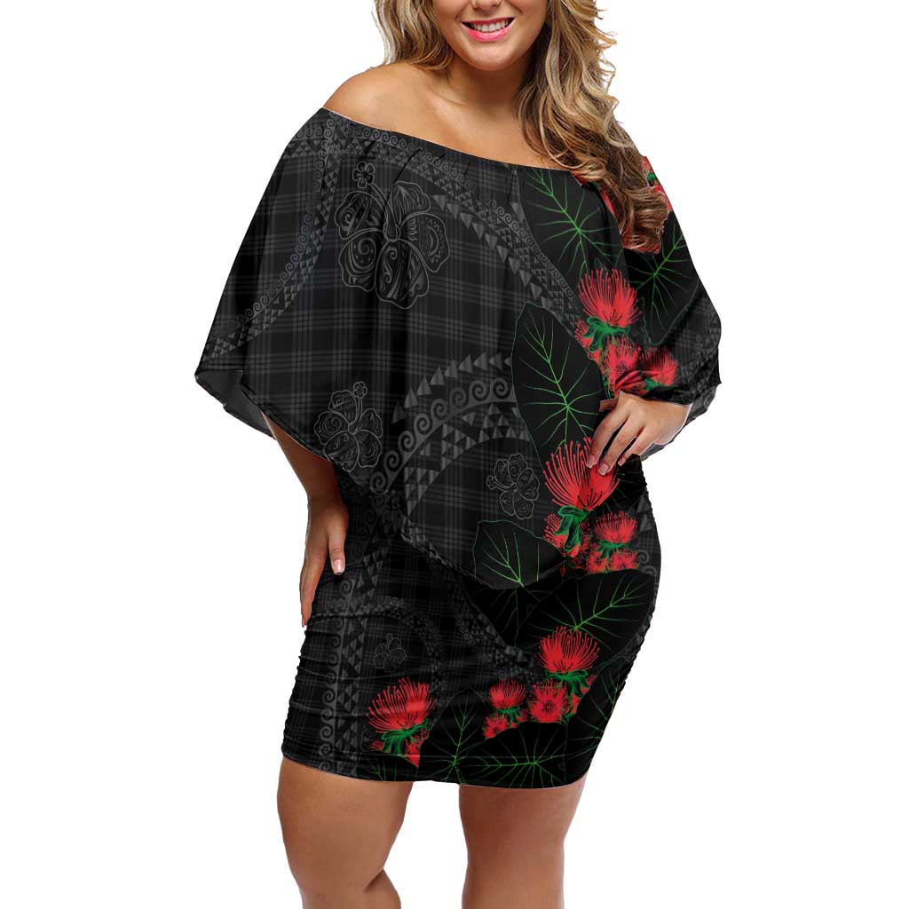 Hawaiian Kakau Art Family Matching Off Shoulder Short Dress and Hawaiian Shirt Taro Leaves with Ohia Lehua and Pakala Pattern LT03 Mom's Dress Black - Polynesian Pride