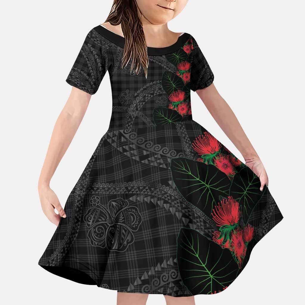 Hawaiian Kakau Art Family Matching Puletasi and Hawaiian Shirt Taro Leaves with Ohia Lehua and Pakala Pattern LT03 Daughter's Dress Black - Polynesian Pride