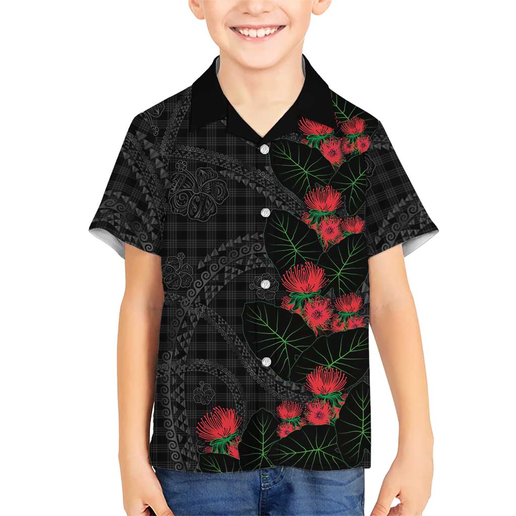 Hawaiian Kakau Art Family Matching Short Sleeve Bodycon Dress and Hawaiian Shirt Taro Leaves with Ohia Lehua and Pakala Pattern LT03 Son's Shirt Black - Polynesian Pride