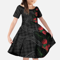 Hawaiian Kakau Art Family Matching Tank Maxi Dress and Hawaiian Shirt Taro Leaves with Ohia Lehua and Pakala Pattern LT03 Daughter's Dress Black - Polynesian Pride
