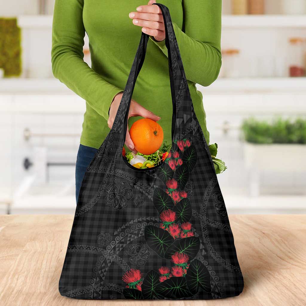 Hawaiian Kakau Art Grocery Bag Taro Leaves with Ohia Lehua and Pakala Pattern - Polynesian Pride