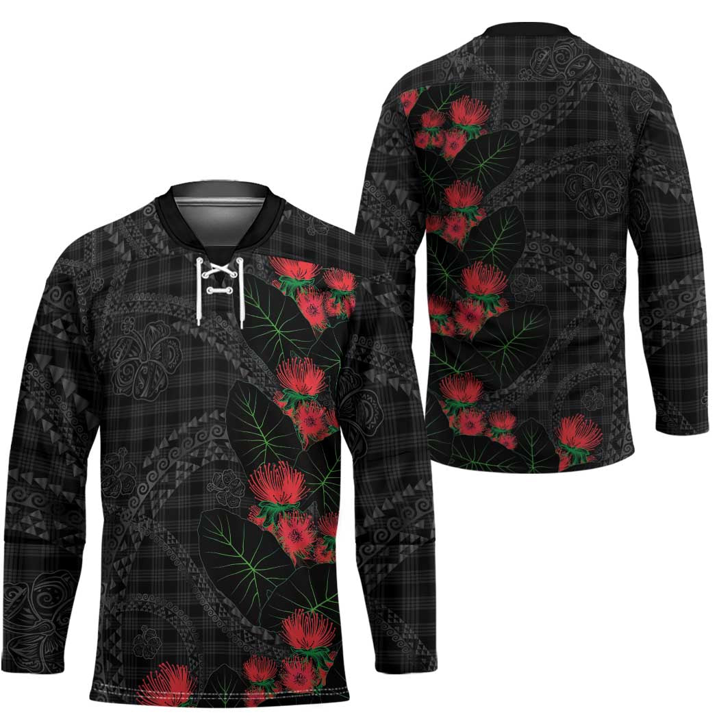 Hawaiian Kakau Art Hockey Jersey Taro Leaves with Ohia Lehua and Pakala Pattern - Polynesian Pride