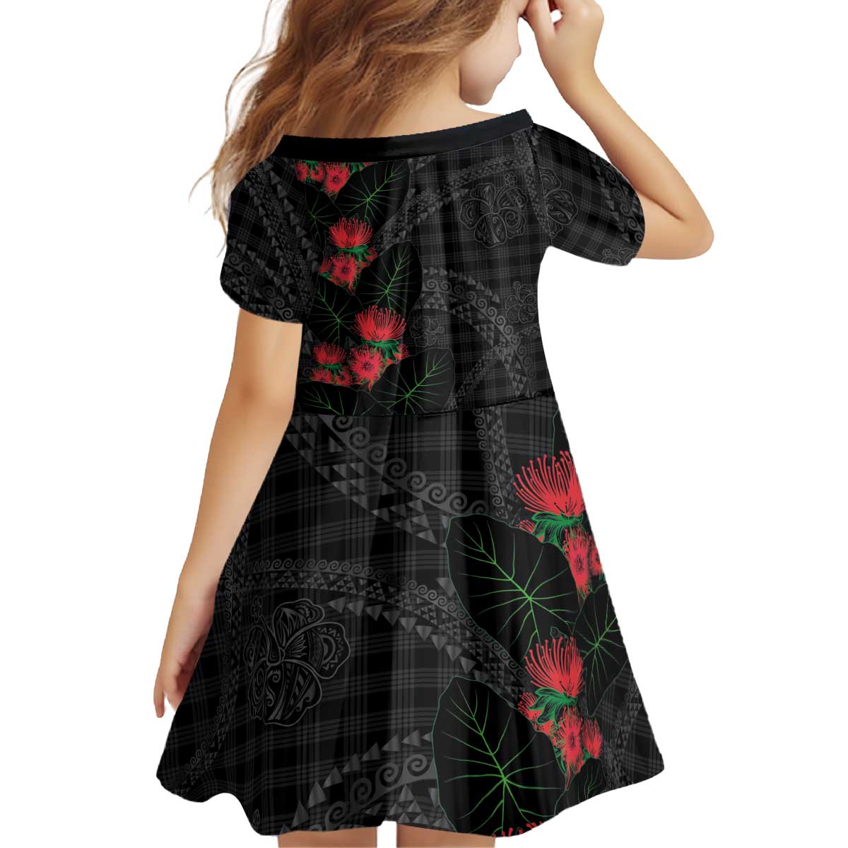 Hawaiian Kakau Art Kid Short Sleeve Dress Taro Leaves with Ohia Lehua and Pakala Pattern LT03 - Polynesian Pride
