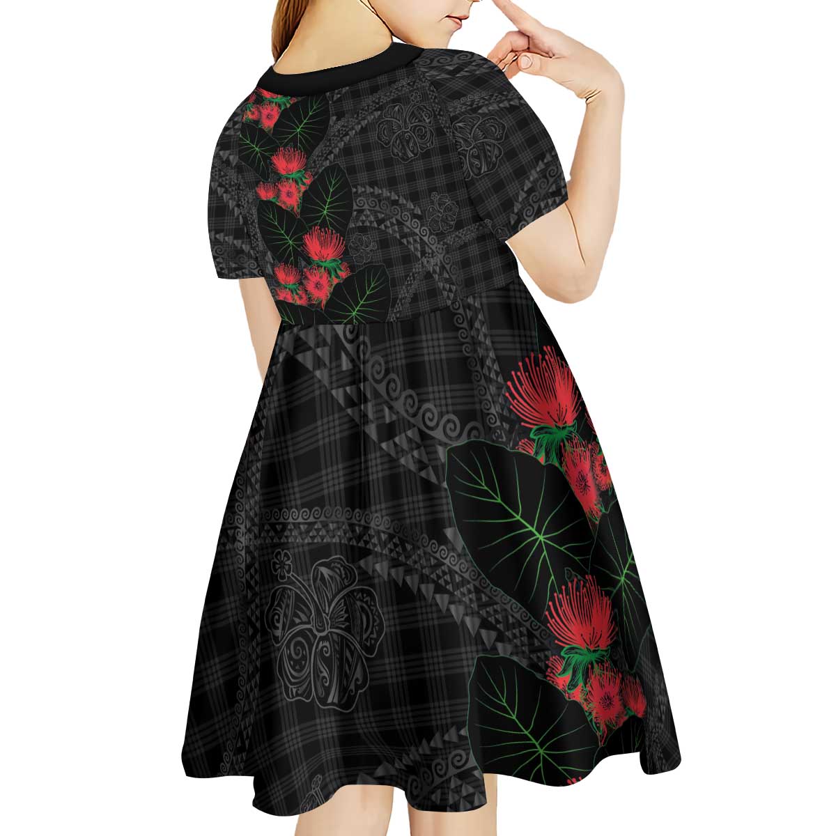Hawaiian Kakau Art Kid Short Sleeve Dress Taro Leaves with Ohia Lehua and Pakala Pattern LT03 - Polynesian Pride