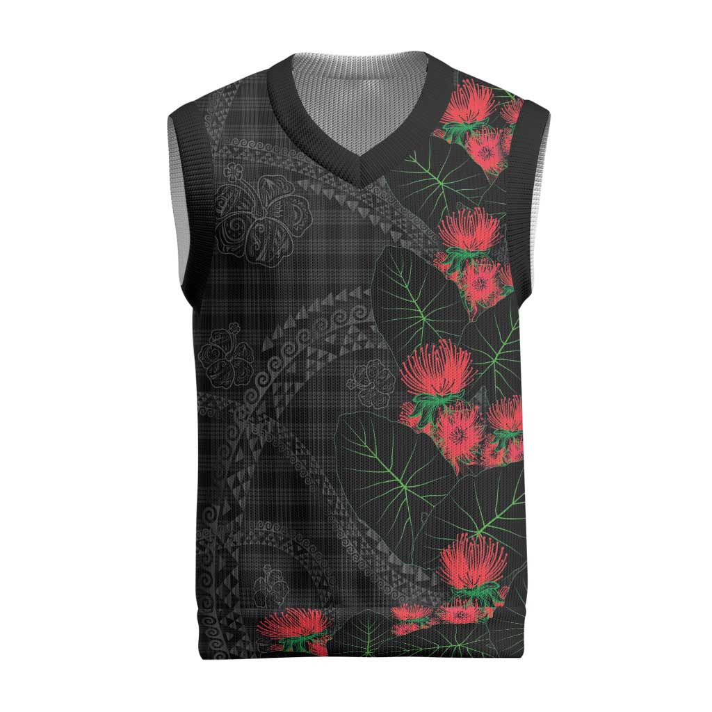 Hawaiian Kakau Art Christmas Knitted V-Neck Vest Taro Leaves with Ohia Lehua and Pakala Pattern LT03 Black - Polynesian Pride