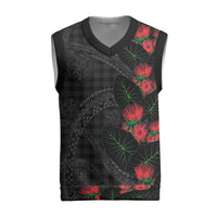 Hawaiian Kakau Art Christmas Knitted V-Neck Vest Taro Leaves with Ohia Lehua and Pakala Pattern LT03 Black - Polynesian Pride