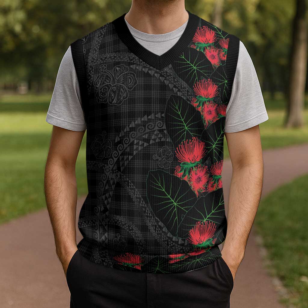 Hawaiian Kakau Art Christmas Knitted V-Neck Vest Taro Leaves with Ohia Lehua and Pakala Pattern LT03 - Polynesian Pride
