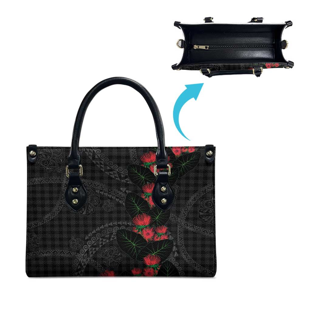 Hawaiian Kakau Art Leather Bag Taro Leaves with Ohia Lehua and Pakala Pattern - Polynesian Pride