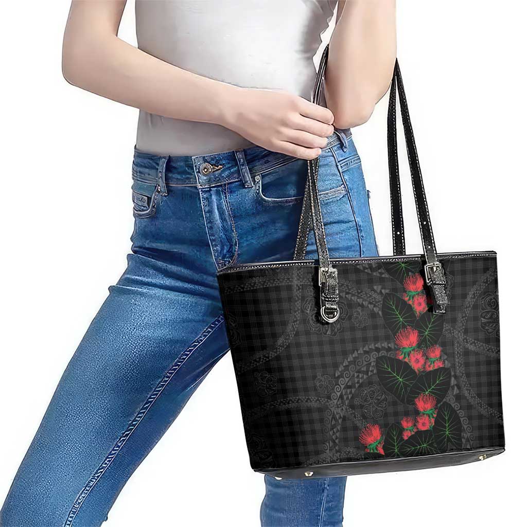 Hawaiian Kakau Art Leather Tote Bag Taro Leaves with Ohia Lehua and Pakala Pattern - Polynesian Pride