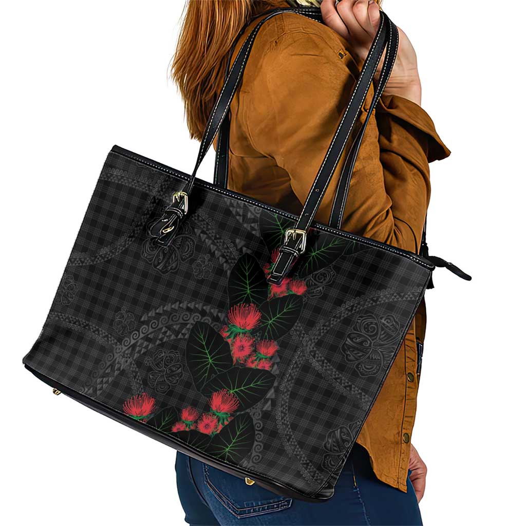 Hawaiian Kakau Art Leather Tote Bag Taro Leaves with Ohia Lehua and Pakala Pattern - Polynesian Pride