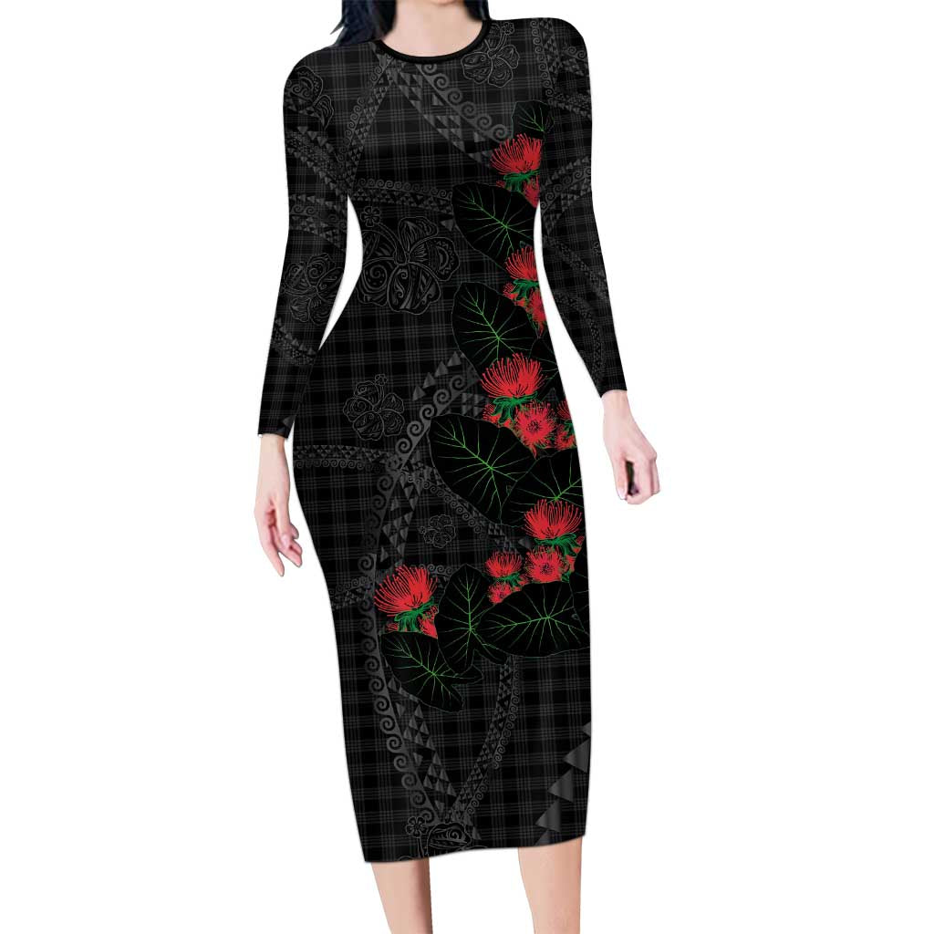Hawaiian Kakau Art Long Sleeve Bodycon Dress Taro Leaves with Ohia Lehua and Pakala Pattern LT03 Long Dress Black - Polynesian Pride