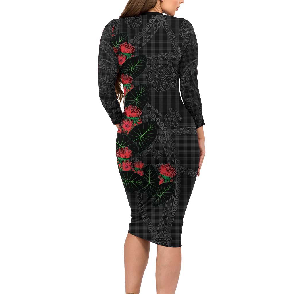 Hawaiian Kakau Art Long Sleeve Bodycon Dress Taro Leaves with Ohia Lehua and Pakala Pattern LT03 - Polynesian Pride