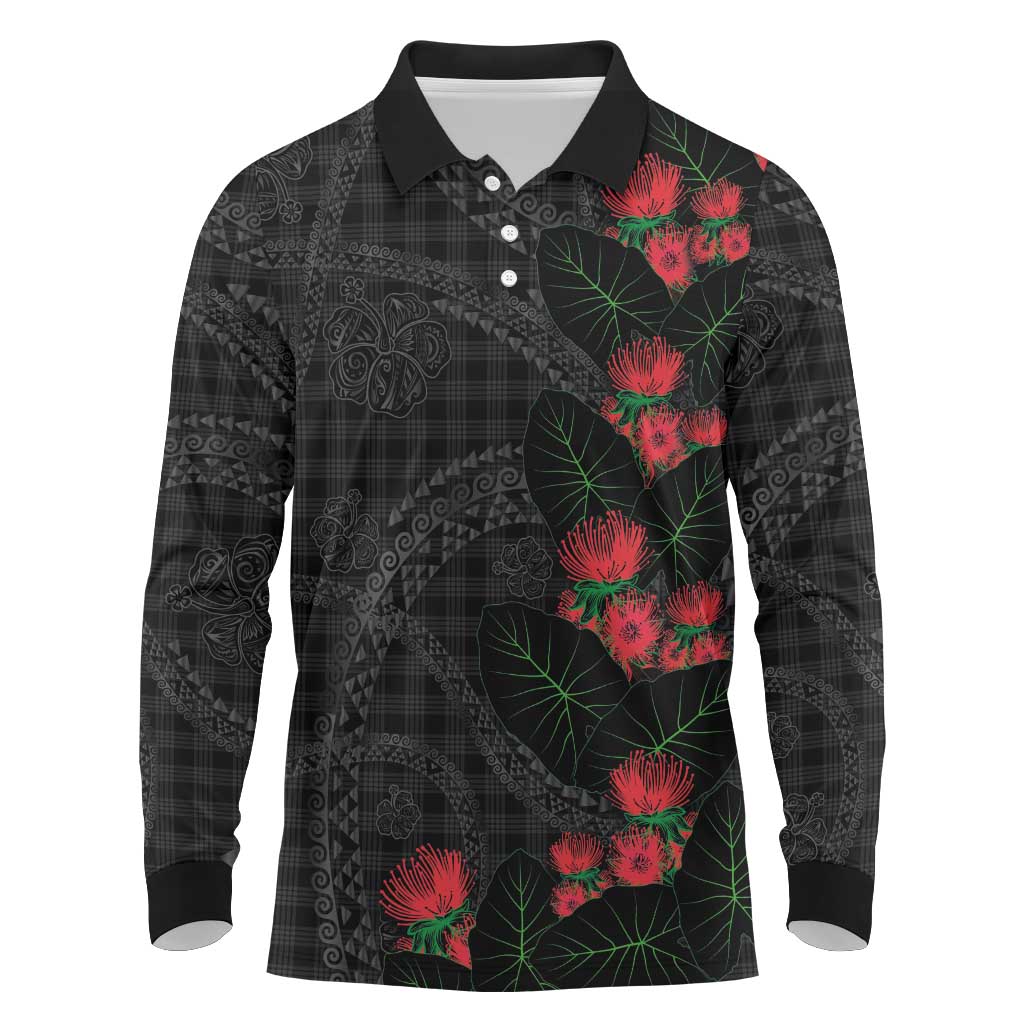 Hawaiian Kakau Art Long Sleeve Polo Shirt Taro Leaves with Ohia Lehua and Pakala Pattern LT03 Black - Polynesian Pride