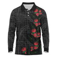 Hawaiian Kakau Art Long Sleeve Polo Shirt Taro Leaves with Ohia Lehua and Pakala Pattern LT03 Black - Polynesian Pride