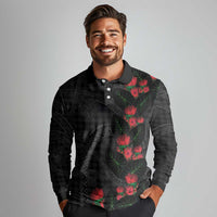 Hawaiian Kakau Art Long Sleeve Polo Shirt Taro Leaves with Ohia Lehua and Pakala Pattern LT03 - Polynesian Pride