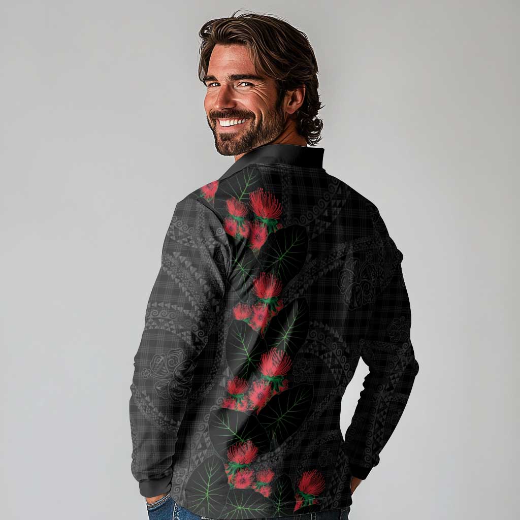 Hawaiian Kakau Art Long Sleeve Polo Shirt Taro Leaves with Ohia Lehua and Pakala Pattern LT03 - Polynesian Pride