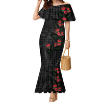 Hawaiian Kakau Art Mermaid Dress Taro Leaves with Ohia Lehua and Pakala Pattern LT03 Women Black - Polynesian Pride