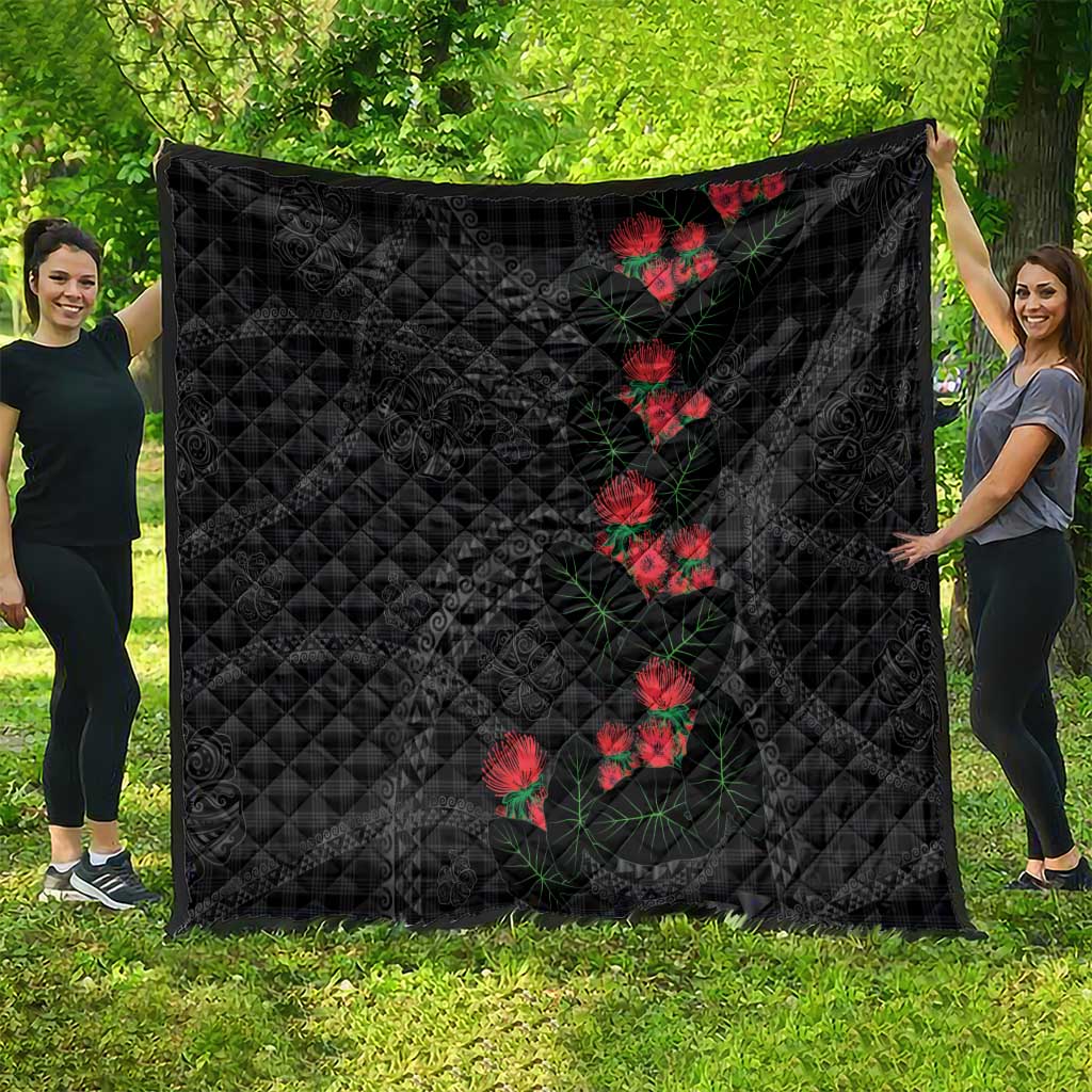 Hawaiian Kakau Art Quilt Taro Leaves with Ohia Lehua and Pakala Pattern - Polynesian Pride