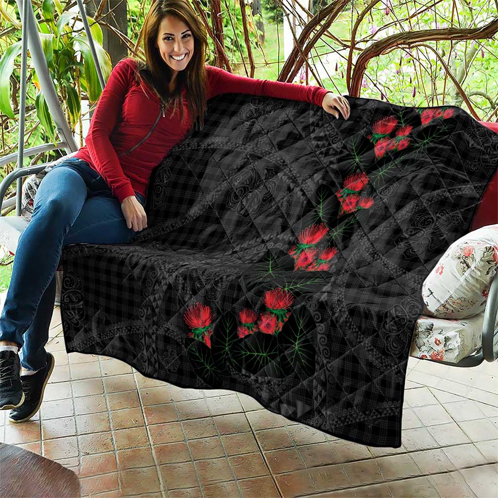 Hawaiian Kakau Art Quilt Taro Leaves with Ohia Lehua and Pakala Pattern - Polynesian Pride
