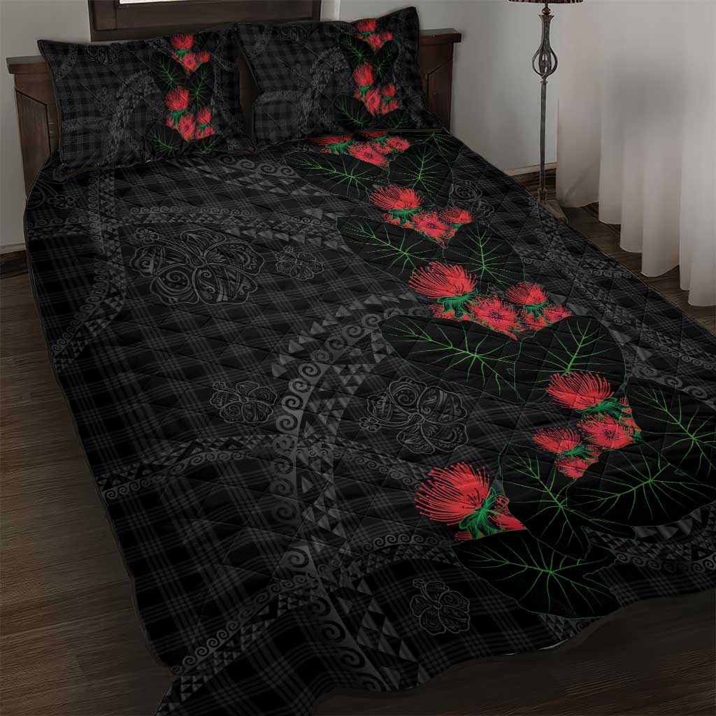 Hawaiian Kakau Art Quilt Bed Set Taro Leaves with Ohia Lehua and Pakala Pattern LT03 Black - Polynesian Pride
