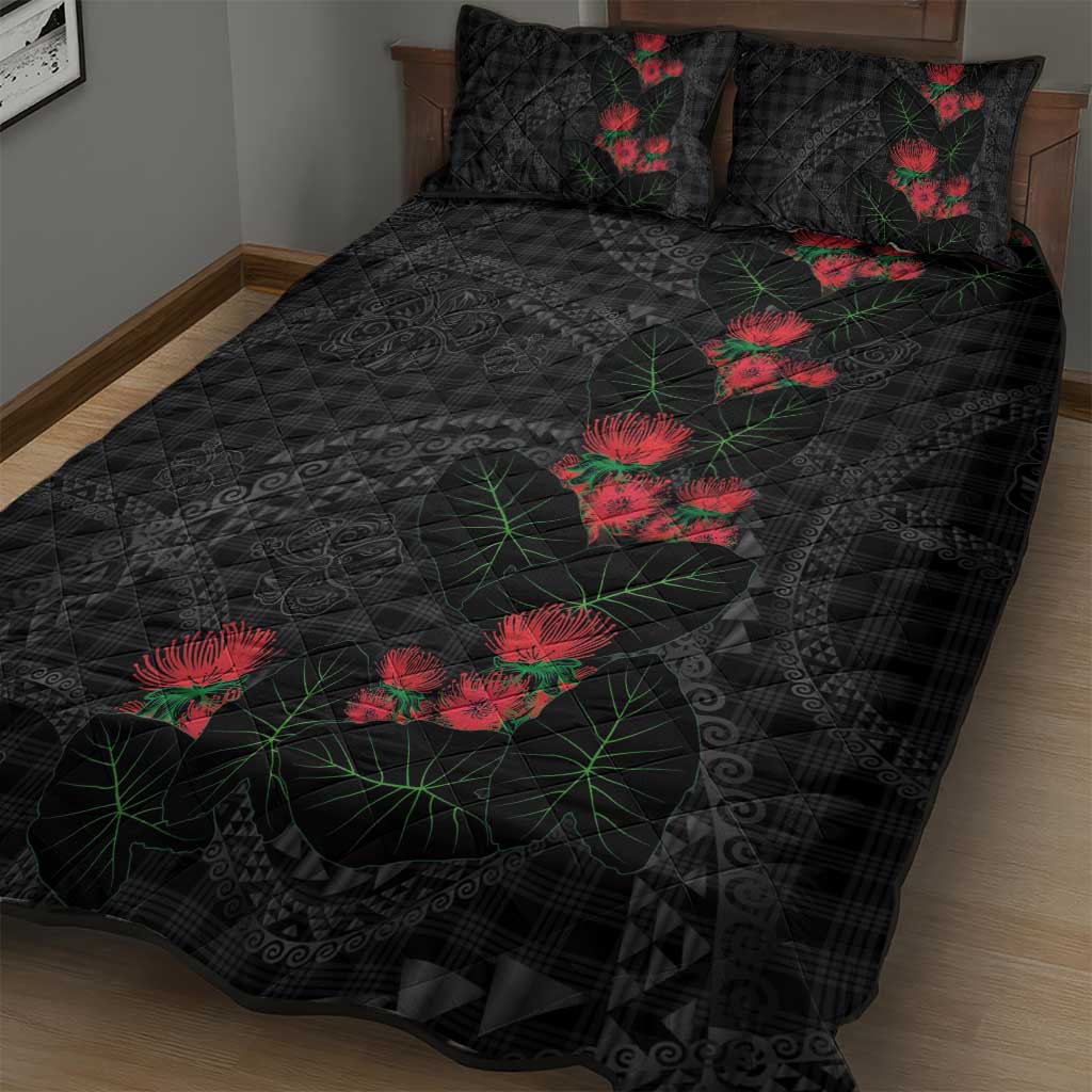 Hawaiian Kakau Art Quilt Bed Set Taro Leaves with Ohia Lehua and Pakala Pattern LT03 - Polynesian Pride