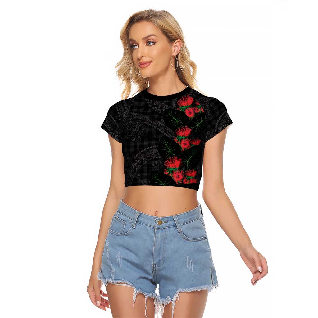 Hawaiian Kakau Art Raglan Cropped T Shirt Taro Leaves with Ohia Lehua and Pakala Pattern - Polynesian Pride