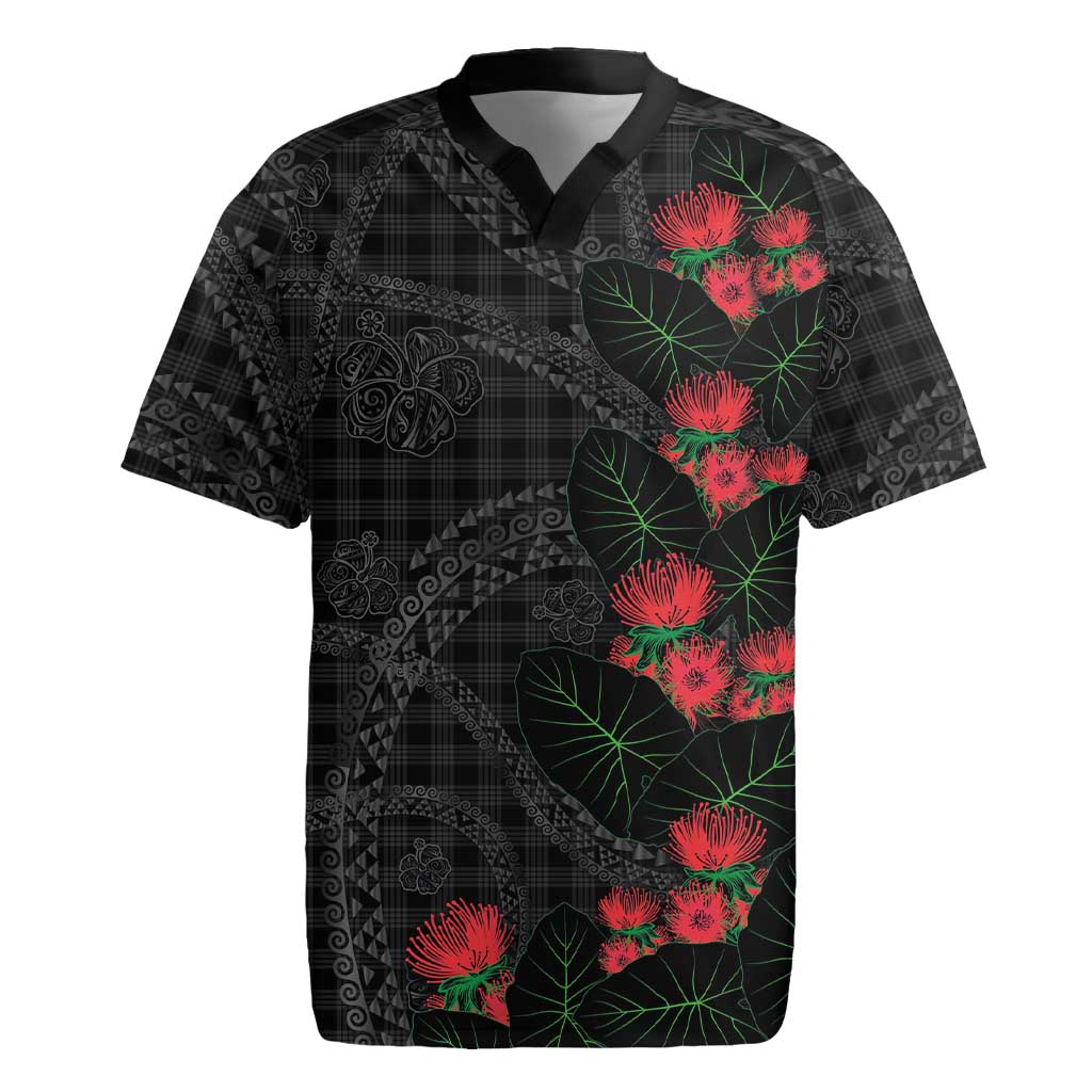 Hawaiian Kakau Art Rugby Jersey Taro Leaves with Ohia Lehua and Pakala Pattern LT03 Black - Polynesian Pride