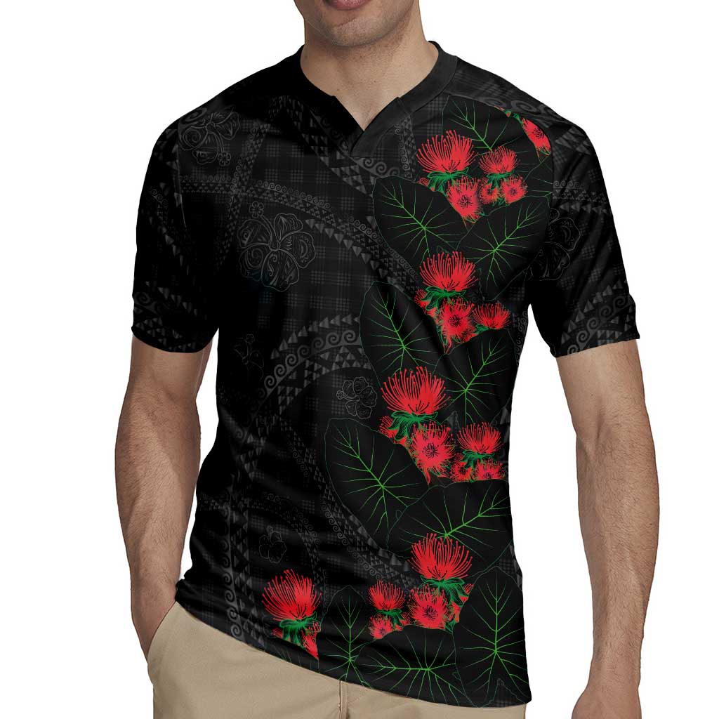 Hawaiian Kakau Art Rugby Jersey Taro Leaves with Ohia Lehua and Pakala Pattern LT03 - Polynesian Pride