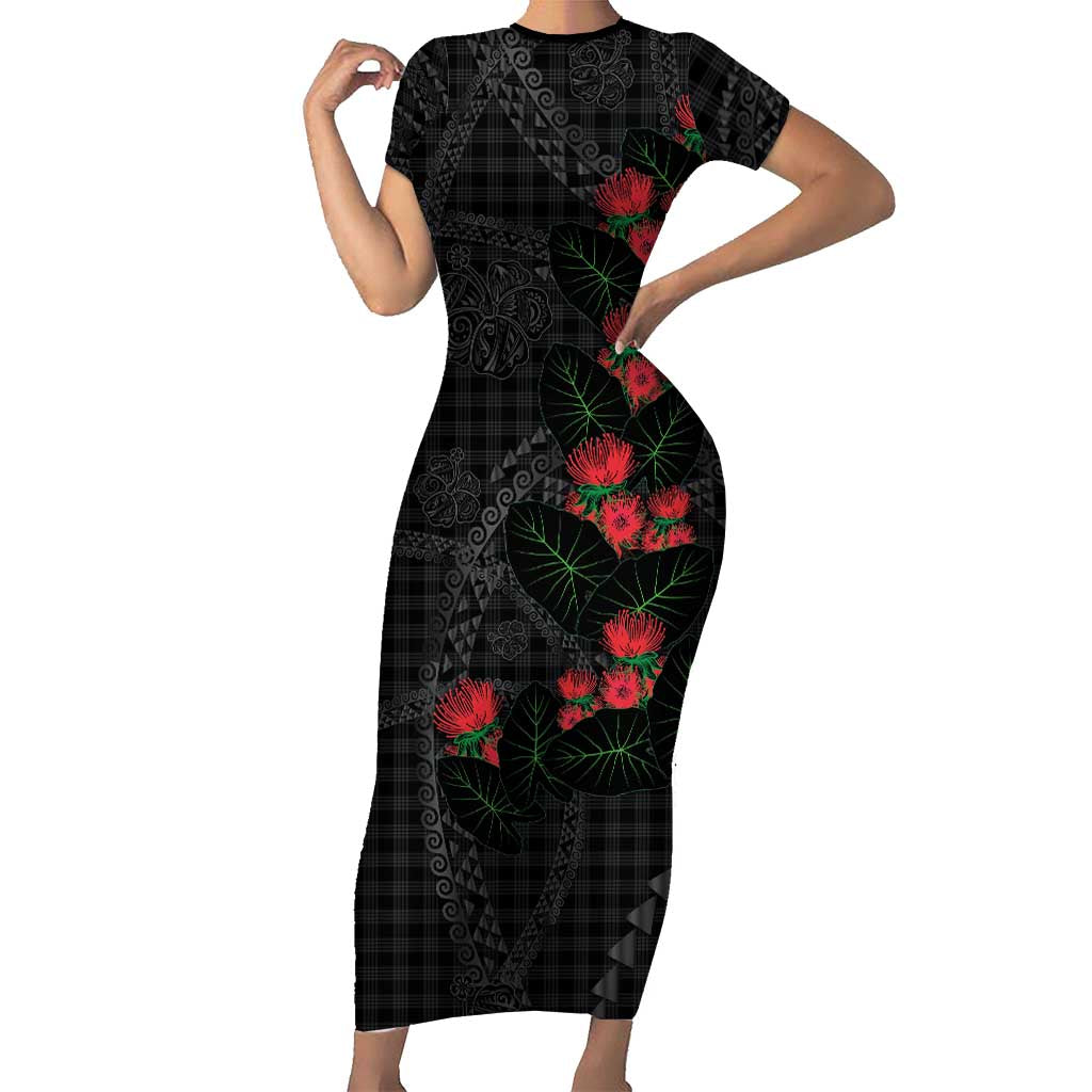 Hawaiian Kakau Art Short Sleeve Bodycon Dress Taro Leaves with Ohia Lehua and Pakala Pattern LT03 Long Dress Black - Polynesian Pride