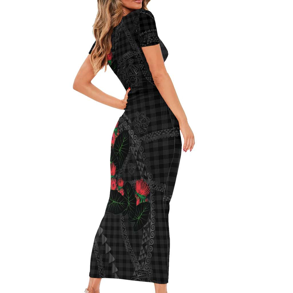 Hawaiian Kakau Art Short Sleeve Bodycon Dress Taro Leaves with Ohia Lehua and Pakala Pattern LT03 - Polynesian Pride