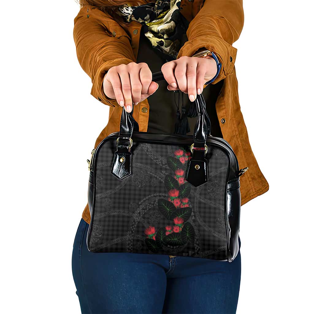 Hawaiian Kakau Art Shoulder Handbag Taro Leaves with Ohia Lehua and Pakala Pattern LT03 One Size Black - Polynesian Pride