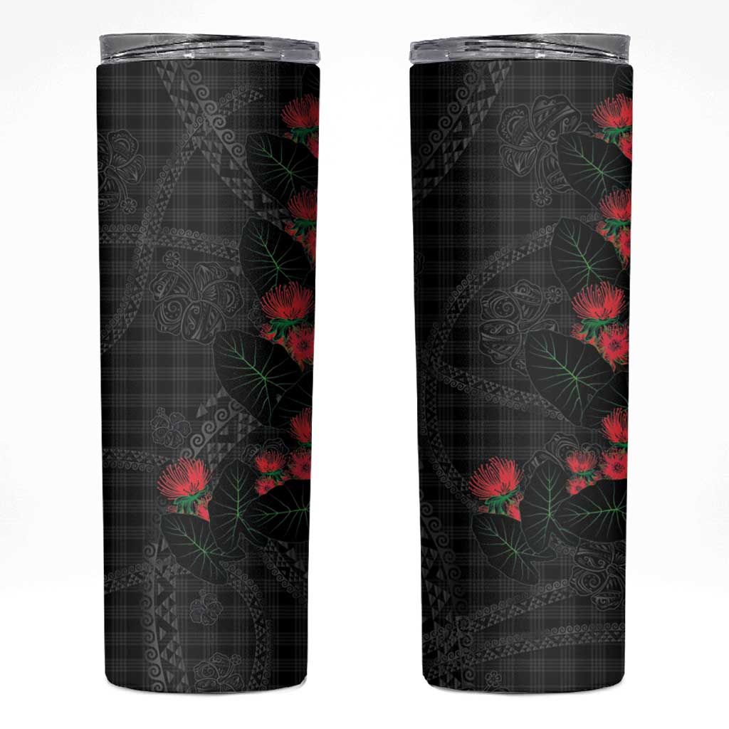 Hawaiian Kakau Art Skinny Tumbler Taro Leaves with Ohia Lehua and Pakala Pattern LT03 Black - Polynesian Pride