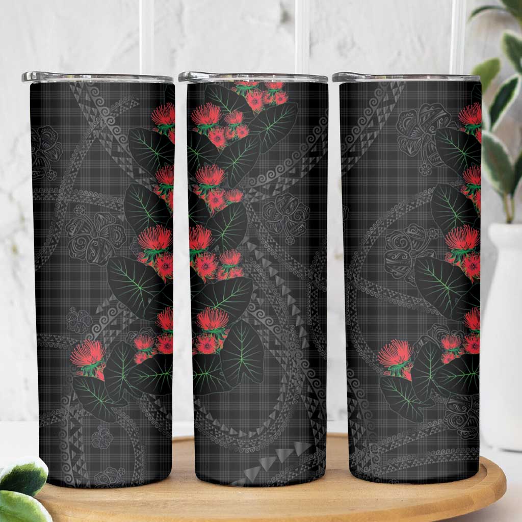 Hawaiian Kakau Art Skinny Tumbler Taro Leaves with Ohia Lehua and Pakala Pattern LT03 - Polynesian Pride