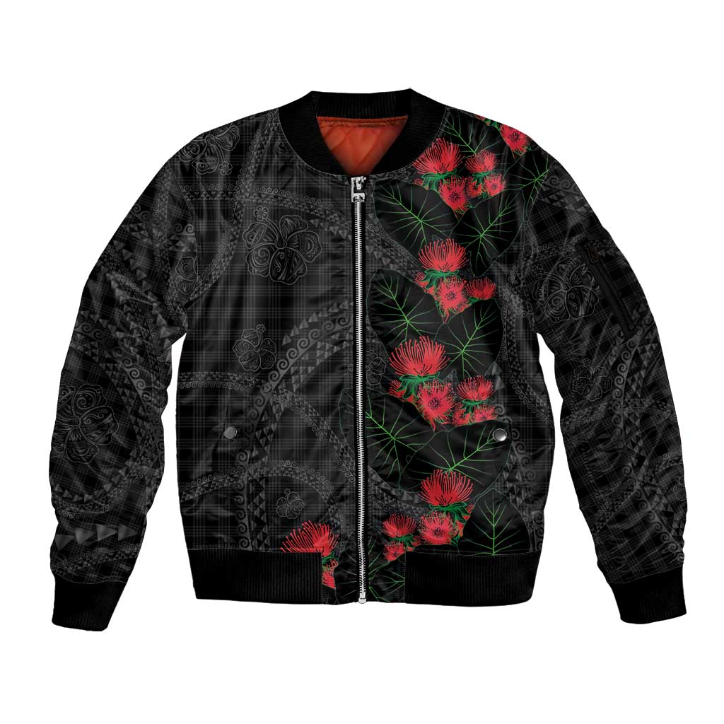Hawaiian Kakau Art Sleeve Zip Bomber Jacket Taro Leaves with Ohia Lehua and Pakala Pattern LT03 Unisex Black - Polynesian Pride
