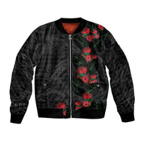 Hawaiian Kakau Art Sleeve Zip Bomber Jacket Taro Leaves with Ohia Lehua and Pakala Pattern LT03 Unisex Black - Polynesian Pride