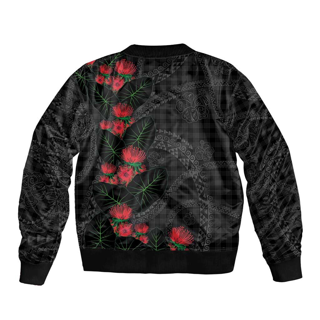 Hawaiian Kakau Art Sleeve Zip Bomber Jacket Taro Leaves with Ohia Lehua and Pakala Pattern LT03 - Polynesian Pride