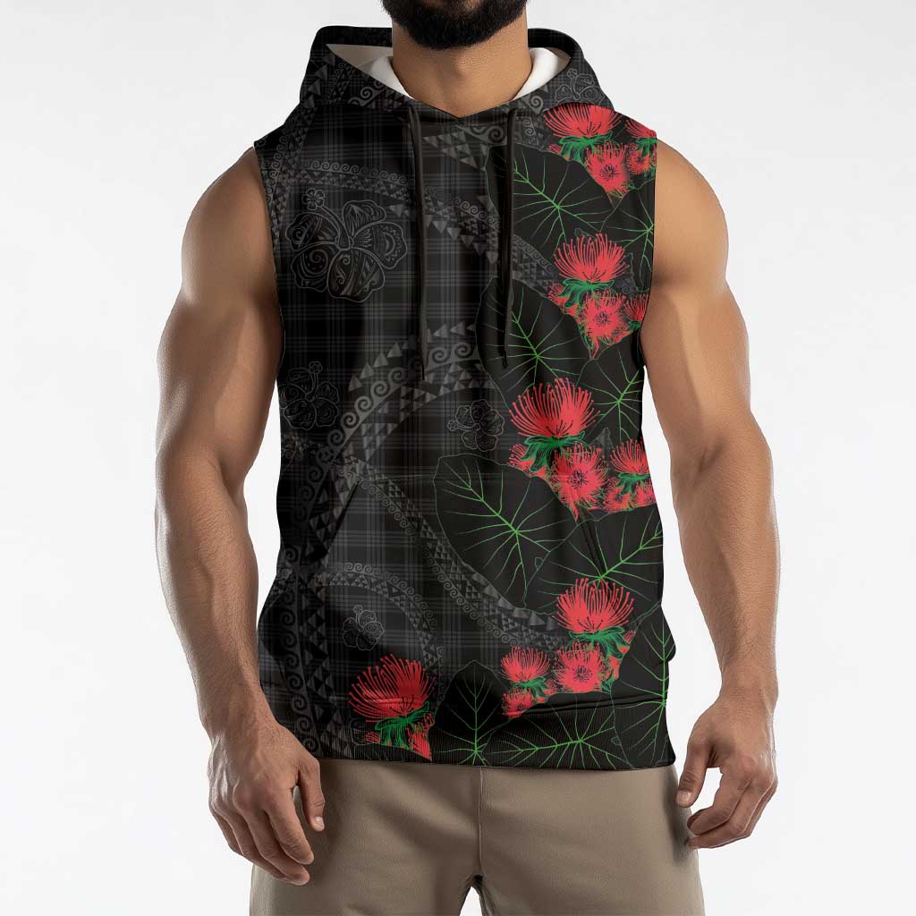 Hawaiian Kakau Art Sleeveless Hoodie Taro Leaves with Ohia Lehua and Pakala Pattern LT03 - Polynesian Pride