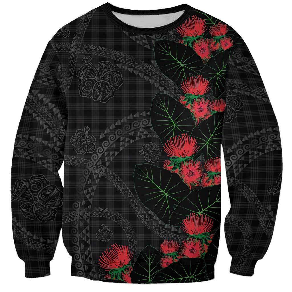 Hawaiian Kakau Art Sweatshirt Taro Leaves with Ohia Lehua and Pakala Pattern LT03 Unisex Black - Polynesian Pride