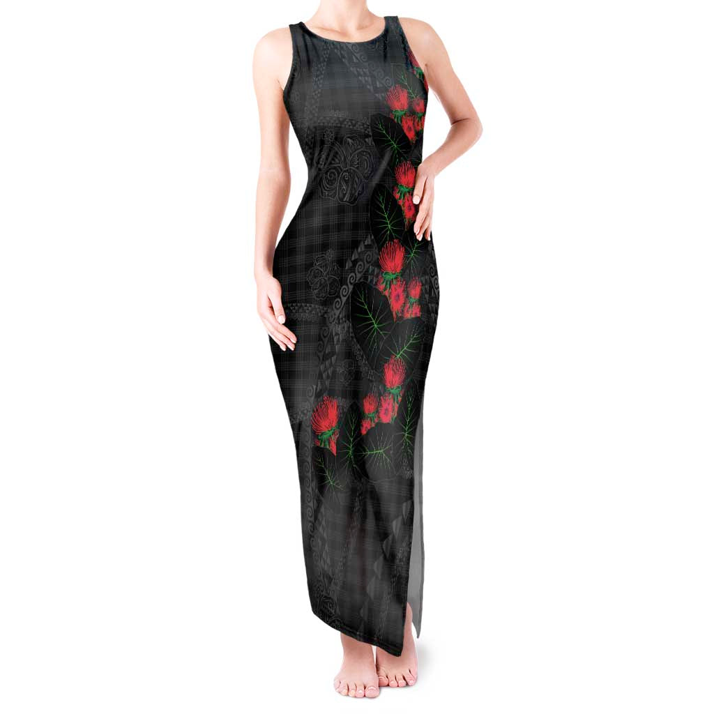 Hawaiian Kakau Art Tank Maxi Dress Taro Leaves with Ohia Lehua and Pakala Pattern LT03 Women Black - Polynesian Pride