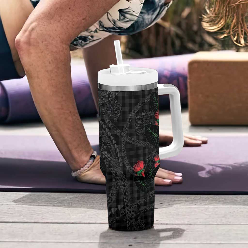 Hawaiian Kakau Art Tumbler With Handle Taro Leaves with Ohia Lehua and Pakala Pattern - Polynesian Pride
