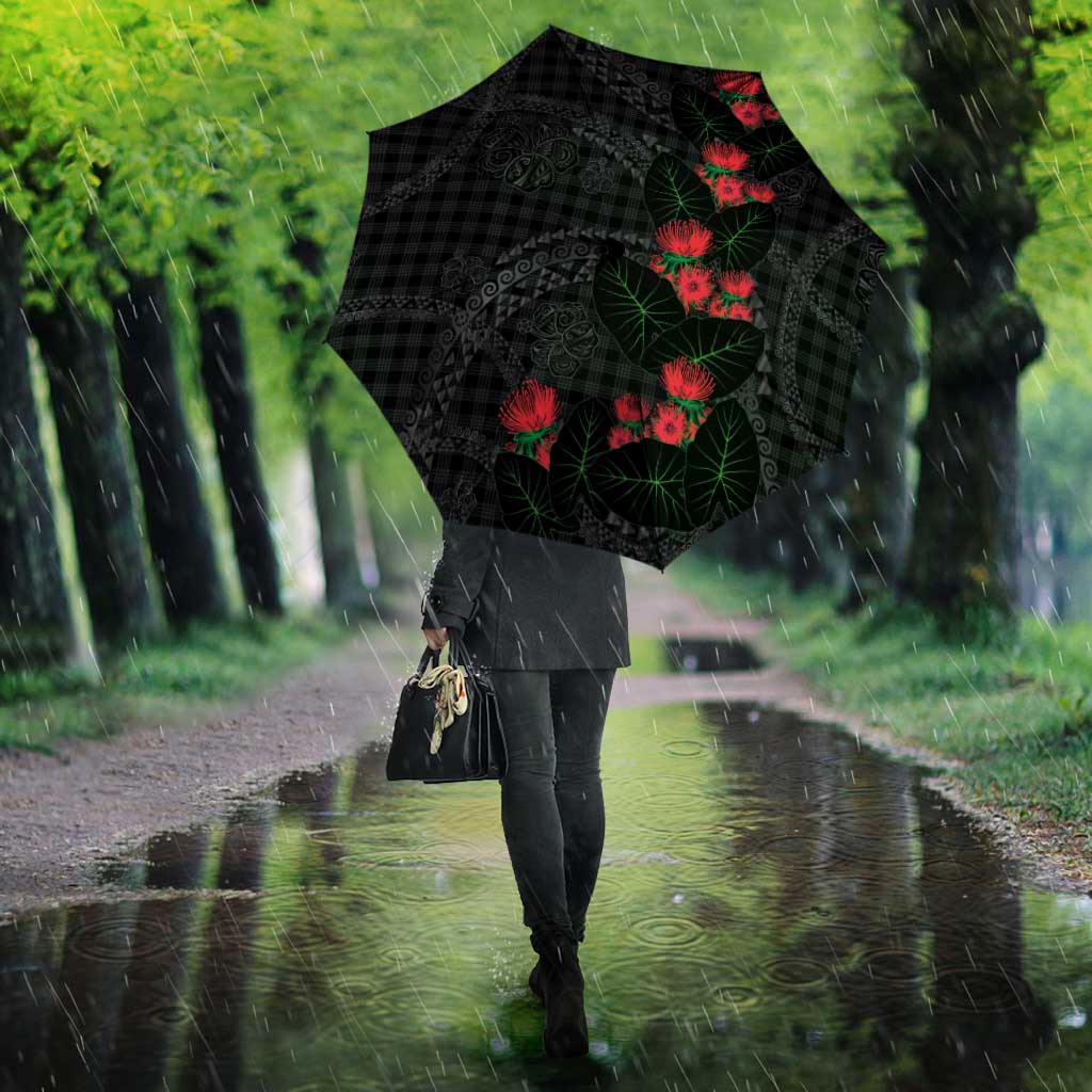Hawaiian Kakau Art Umbrella Taro Leaves with Ohia Lehua and Pakala Pattern - Polynesian Pride