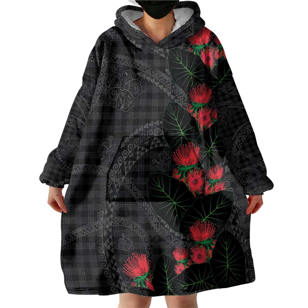 Hawaiian Kakau Art Wearable Blanket Hoodie Taro Leaves with Ohia Lehua and Pakala Pattern LT03 - Polynesian Pride