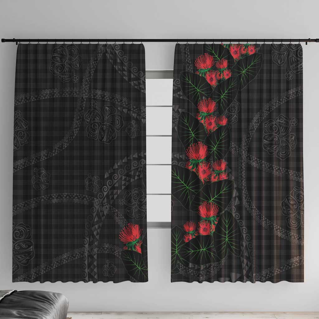 Hawaiian Kakau Art Window Curtain Taro Leaves with Ohia Lehua and Pakala Pattern LT03 With Hooks Black - Polynesian Pride