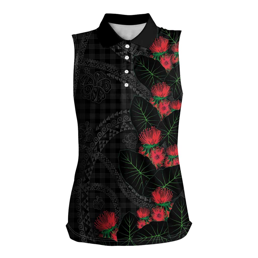 Hawaiian Kakau Art Women Sleeveless Polo Shirt Taro Leaves with Ohia Lehua and Pakala Pattern LT03 Female Black - Polynesian Pride