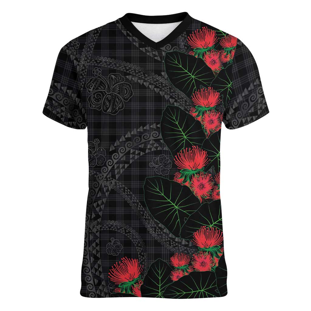 Hawaiian Kakau Art Women V-Neck T-Shirt Taro Leaves with Ohia Lehua and Pakala Pattern LT03 Female Black - Polynesian Pride