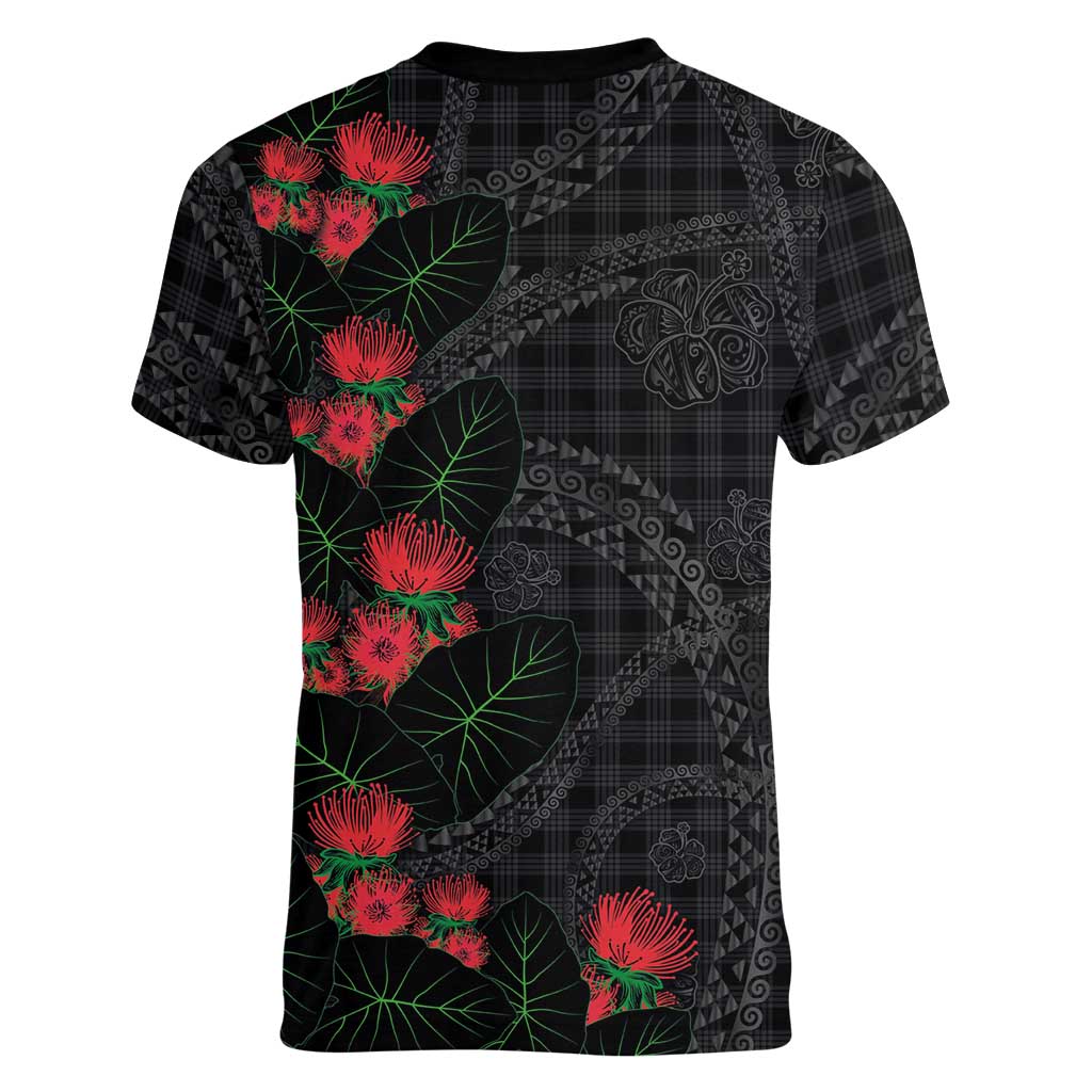 Hawaiian Kakau Art Women V-Neck T-Shirt Taro Leaves with Ohia Lehua and Pakala Pattern LT03 - Polynesian Pride